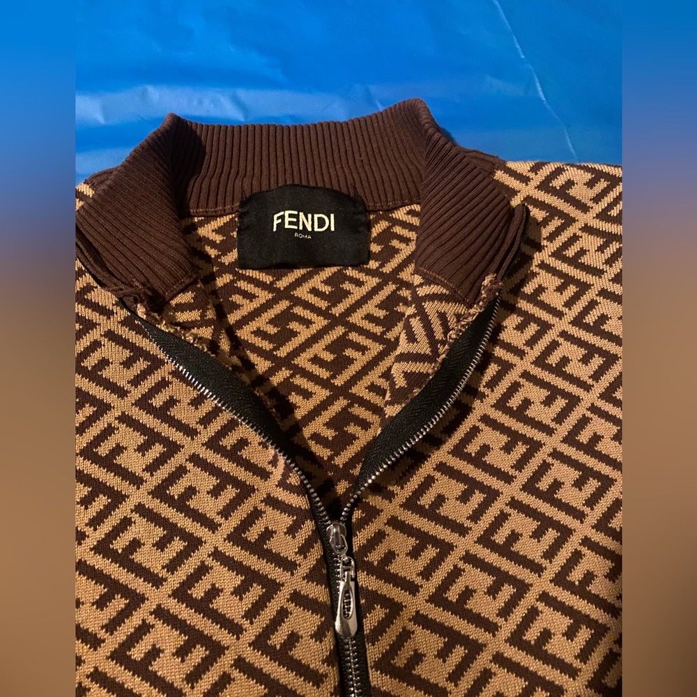 Fendi Tan and Brown Patterned Zip-Up Sweater dress